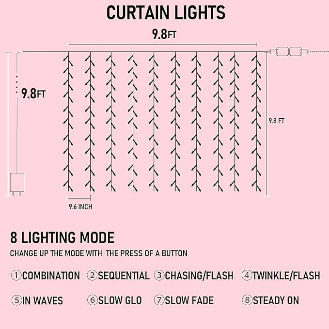 Dazzle Bright 300 LED Curtain String Lights, Valentine's Day Fairy Lights - Image 2