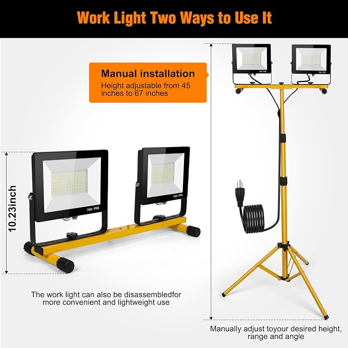 LED Work Lights with Stand, 21000 Lumen, 2-Head Adjustable Work Light, - Image 5