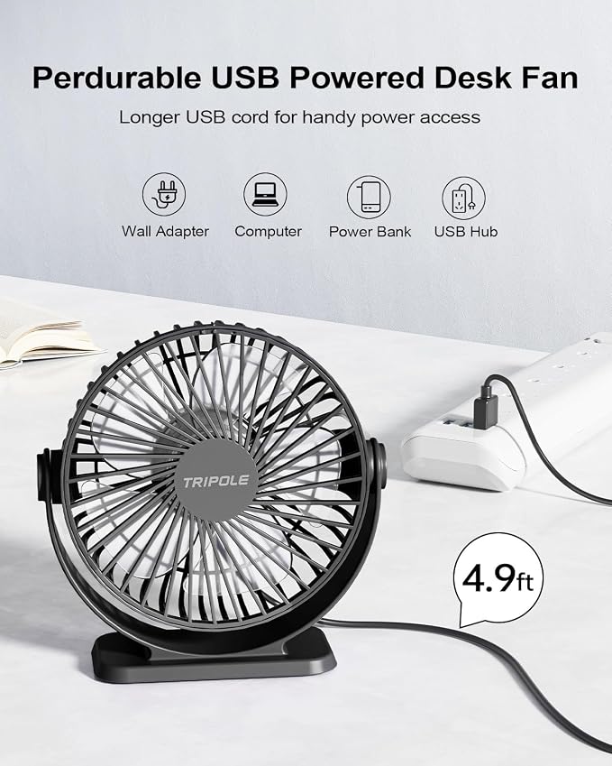 TriPole Small Desk Fan USB Powered Portable Fan 3 Speeds Strong Airflow Mini - Image 3