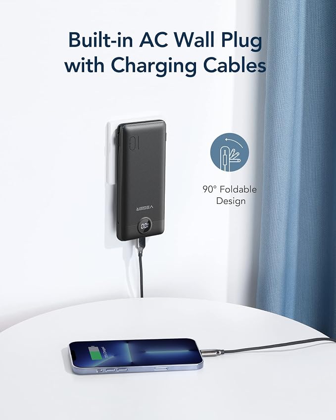 VEGER Portable Charger with Built-in AC Plug and Cables, All in One 10000mAh - Image 3