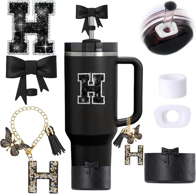 6pcs Black Stanley Cup Accessories Set, Bow Straw Topper by MOTEERLLU