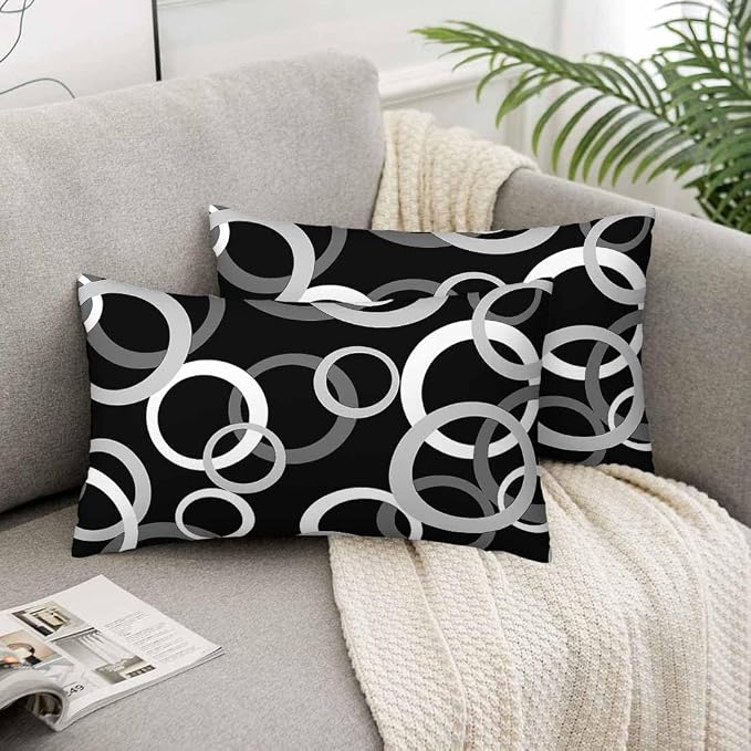Abstract Geometric Circle 12 X 20 Pillow Covers Black White Decor Artwork Set - Image 5