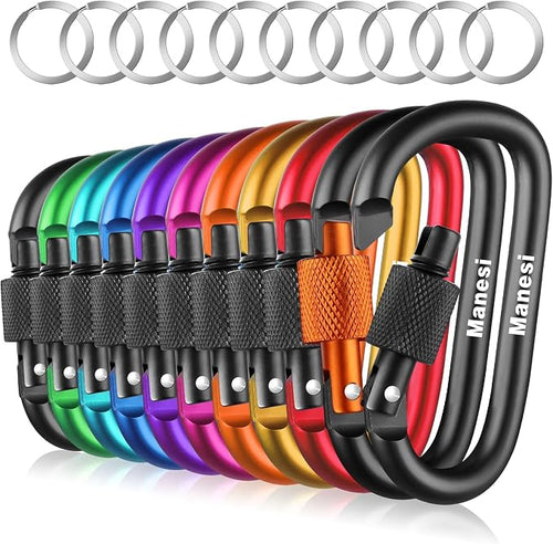 10 Pack Aluminum D Ring Key Rings Clips Locking Carabiner by Manesi