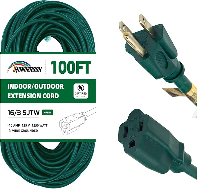 100FT Outdoor Extension Cord-16/3 SJTW Durable Green Extension Cable by HONDERSON