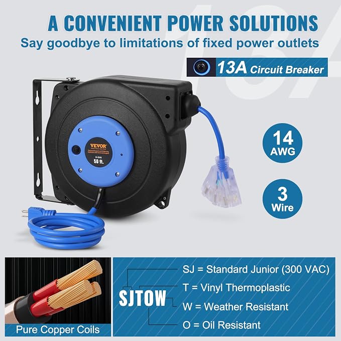 VEVOR Retractable Extension Cord Reel, 50 FT, Heavy Duty 14AWG/3C SJTOW - Image 4