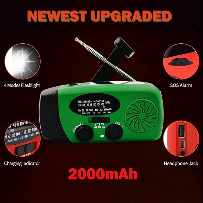 2000mAh Weather Emergency Radio, Portable Solar AM/FM/NOAA Hand Crank Radio - Image 2