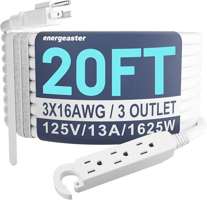 Energeaster 16/3 20Ft 3 Outlet Extension Cord Indoor, Outdoor White Extension by energeaster