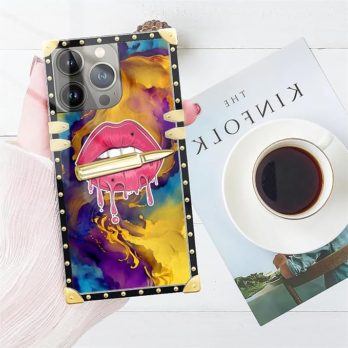 Compatible with iPhone 14 Pro Max Case, Cool Corlorful Lip Marble Luxury Golden - Image 7