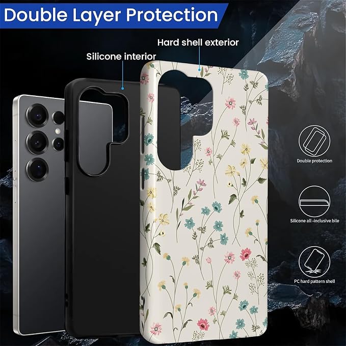 for Samsung Galaxy S25 Ultra Case, HL2 Beige Flower Branch Hybrid 2 Layer Hard - Image 2