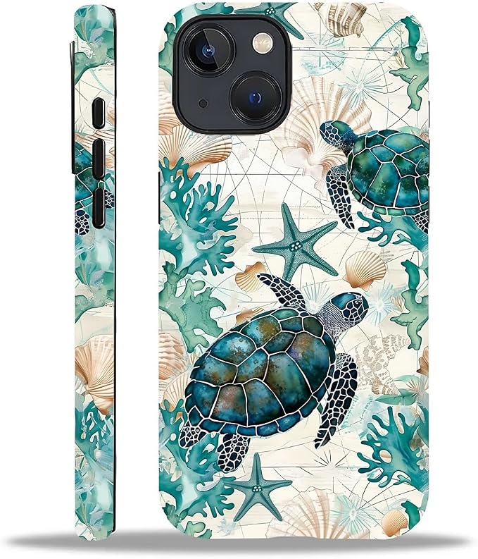 for iPhone 14 Plus Case, HH2 Ocean Sea Turtle Nautical Map Hybrid 2 Layer Hard by Unknown