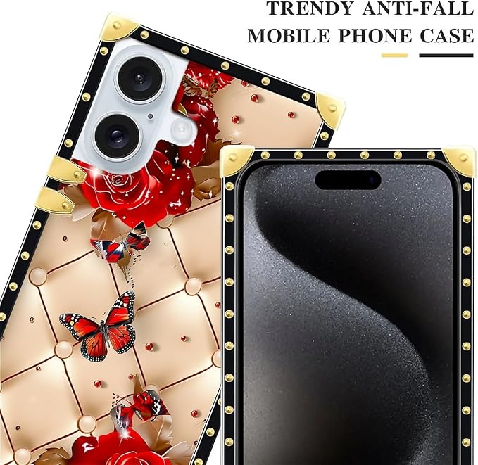 Compatible with iPhone 16 Case, Shining Red Rose Butterfly Leather Background - Image 4