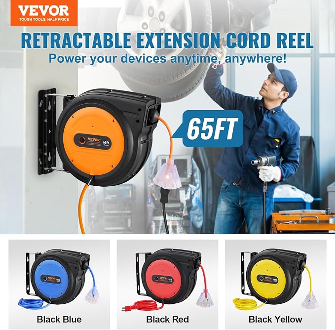VEVOR Retractable Extension Cord Reel, 65 FT, Heavy Duty 12AWG/3C SJTOW Power - Image 2