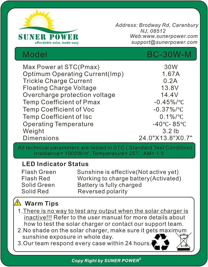 SUNER POWER 30W 12V Solar Battery Charger Maintainer, Built-in Smart MPPT - Image 5