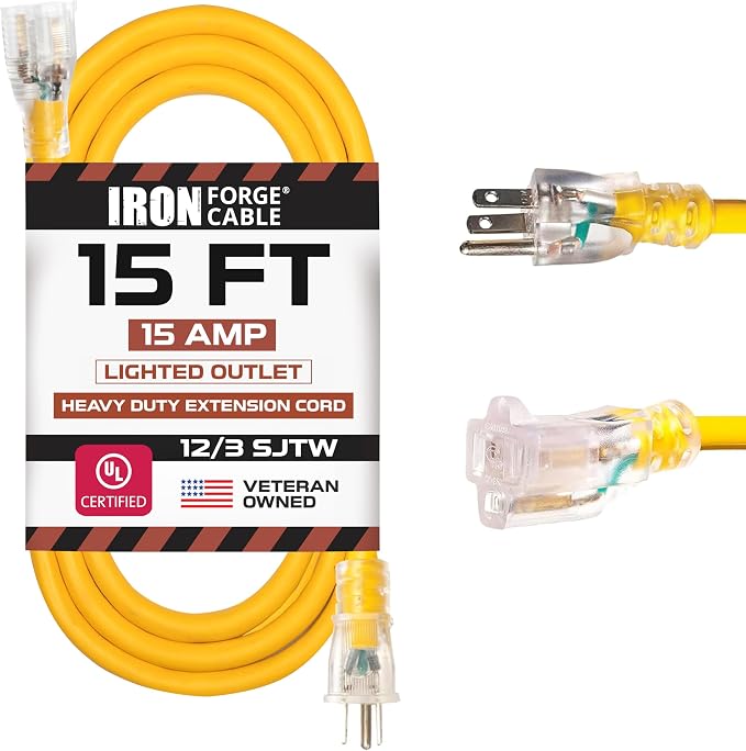 IRON FORGE CABLE 15 Foot Lighted Outdoor Extension Cord by IronForgeCable