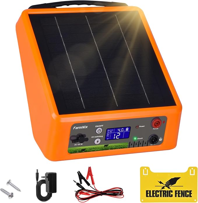 20 Miles Solar Powered Electric Fence, 6-12KV Adjustable Output Solar Charger by FarmNix