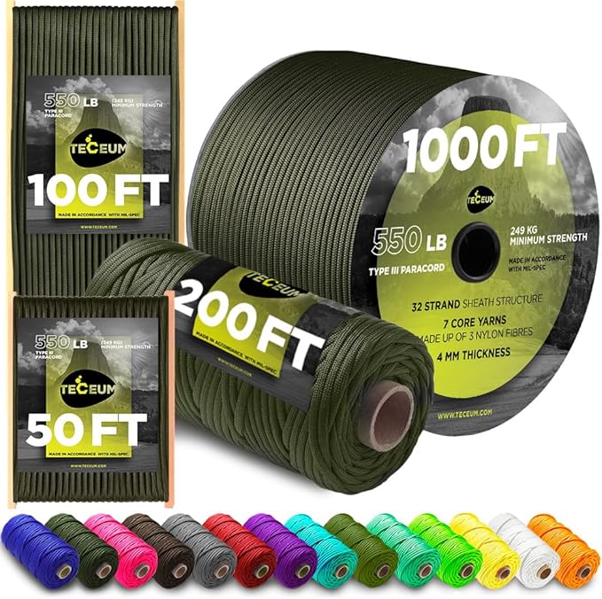 TECEUM 5/32" Paracord Rope 1000 – 1000ft / 200ft / 100ft / 50ft – Tactical by TECEUM