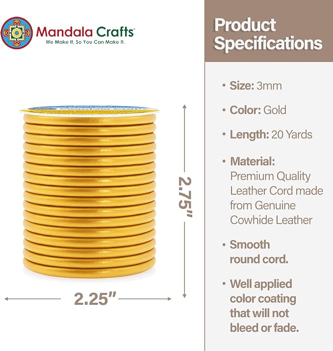 Mandala Crafts Round Genuine Gold Leather Cord - Image 4