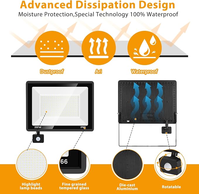 YANYCN 2 Pack 200W LED Motion Sensor Flood Light, Super Bright IP66 Waterproof - Image 3