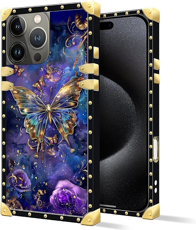 Compatible with iPhone 16 Pro Case, Glistening Golden Butterfly Vibrant Purple - Image 2
