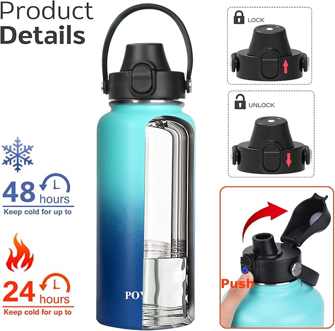 Water Bottle Insulated 32oz 40oz 64oz 128oz Straw Lid Spout Lid & 3 Lids - Image 2