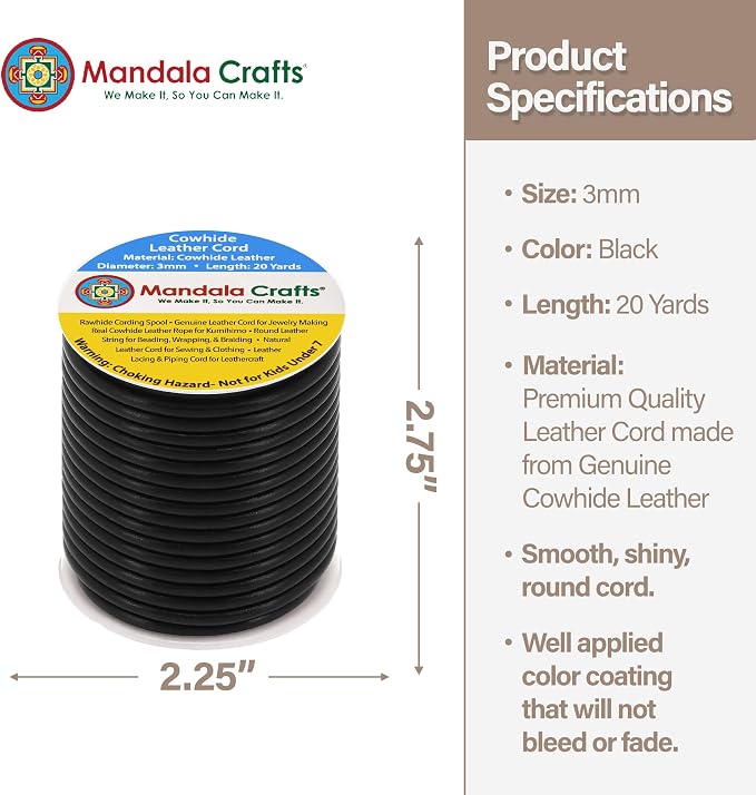 Mandala Crafts Round Cowhide Genuine Black Leather Cord - Image 4