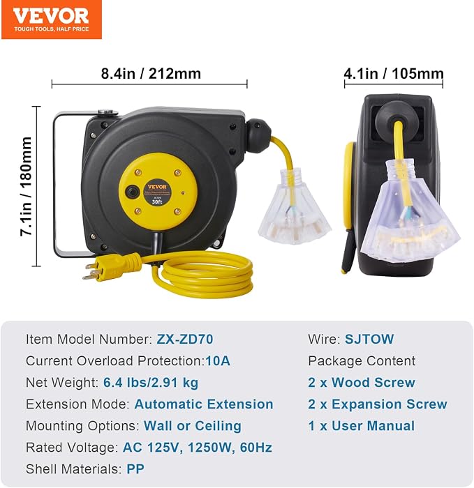 VEVOR Retractable Extension Cord Reel, 30 FT, Heavy Duty 16AWG/3C SJTOW - Image 7