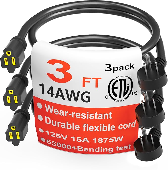 HUANCHAIN 14 Gauge 3 Feet Flat Plug Extension Cord Black Indoor Outdoor by huanchain