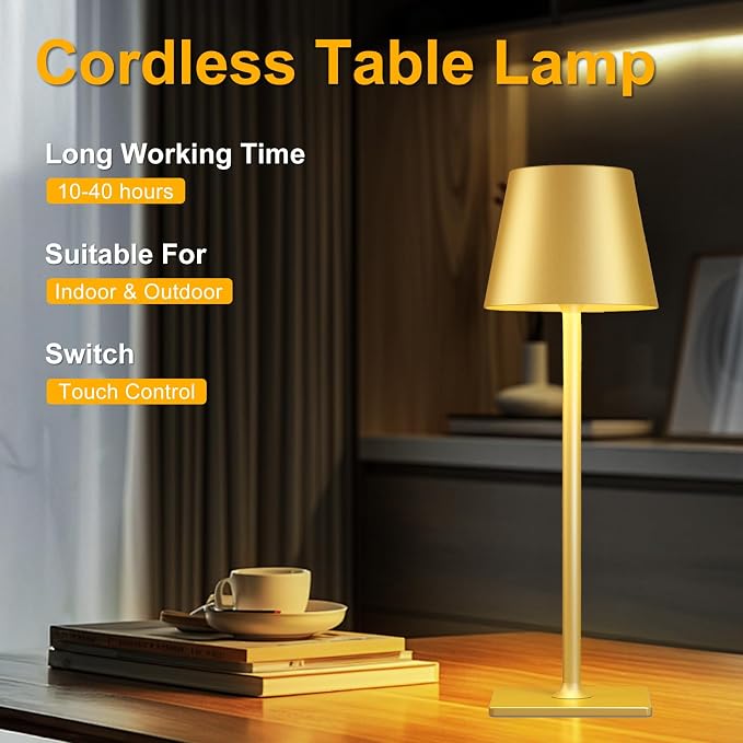 Yogaret 2 Pack Gold Rechargeable Table Lamps, Cordless Lamp - Image 5