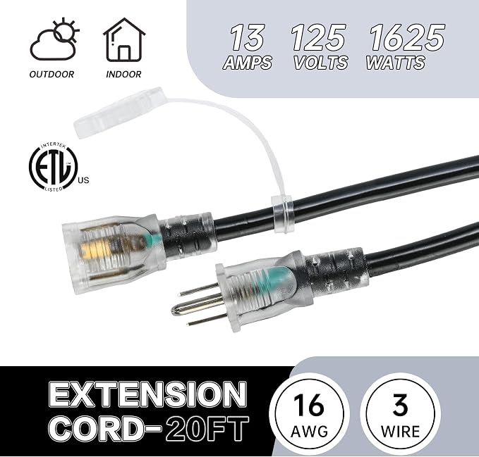 20FT 16 Gauge Multi-Outlet Outdoor Extension Cord, 4 Evenly Spaced Weatherproof - Image 4