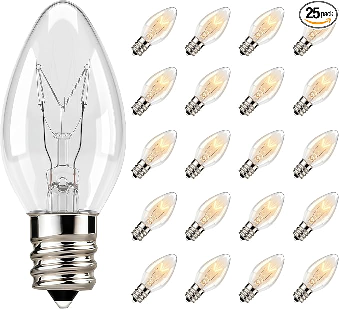 25 Pack C7 Clear Replacement Bulbs, C7 Outdoor Candle Light Bulbs, Night Candle by Konictom