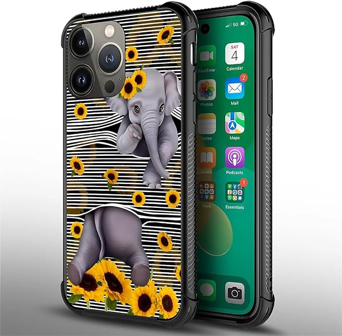 for iPhone 14 Pro Case, Cute Little Elephant Sunflower White Line Art Pattern - Image 4