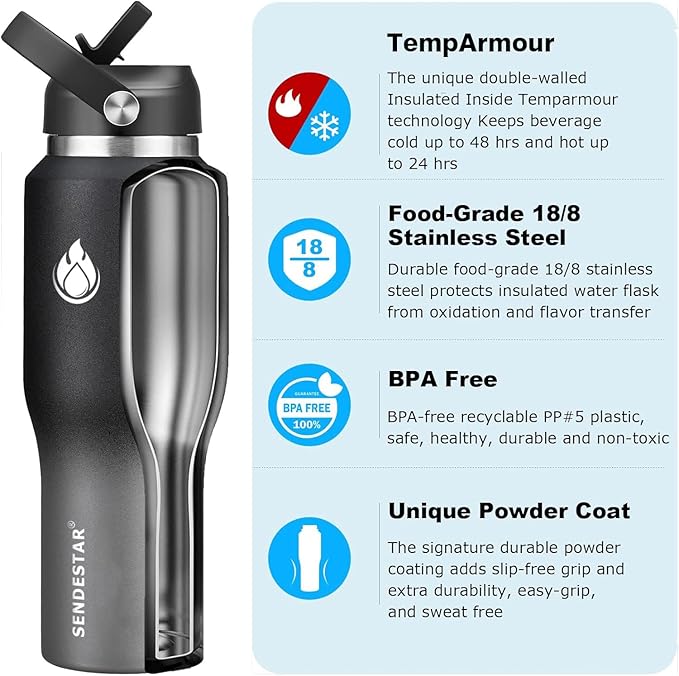 SENDESTAR 40oz Stainless Steel Water Bottle, Double Wall Vacuum Insulated Bottle - Image 2
