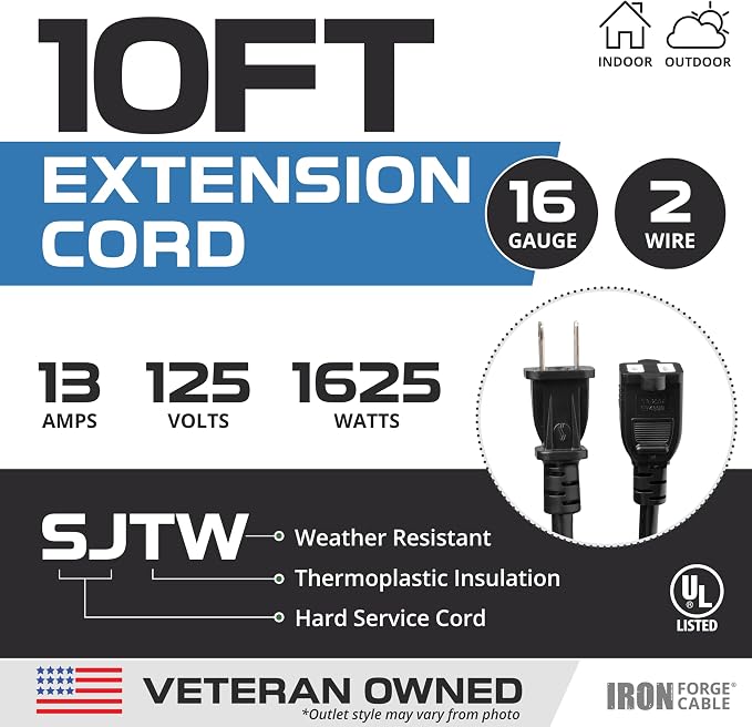Iron Forge Cable 10 Ft Black Extension Cord, 10 Foot Extension Cord - Image 2