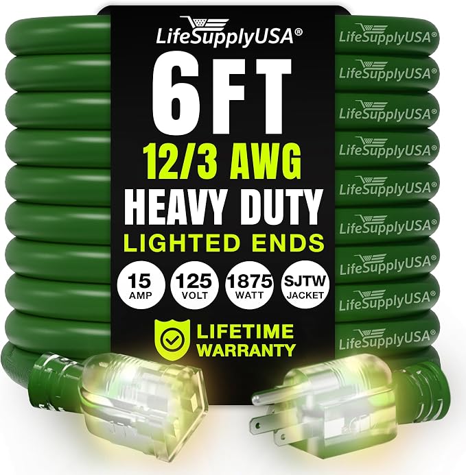6ft Outdoor/Indoor Extension Cord 12/3 Gauge Extra Heavy Duty 3 Prong SJTW by LifeSupplyUSA