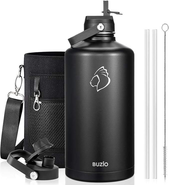 BUZIO 1 Gallon Water Jug with Straw Handle Lid, 128oz Water Bottle Stainless by BUZIO