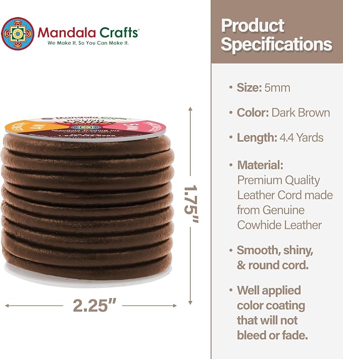 Mandala Crafts Round Genuine Dark Brown Leather Cord - Image 4