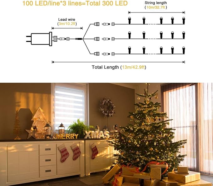JMEXSUSS 300 LED Warm White Christmas Lights Outdoor Waterproof, 8 Modes Green - Image 2