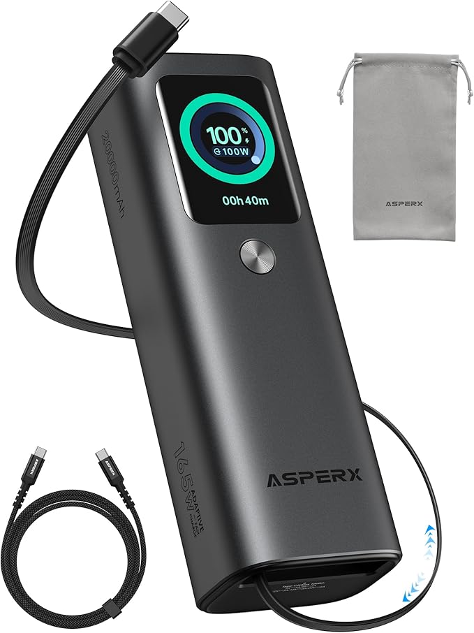 AsperX Laptop Power Bank, 165W 20, Retractable Cables, Aluminum Alloy Unibody by AsperX