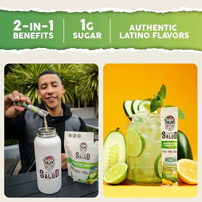 Salud 2-in-1 Hydration Packets + Immunity Electrolytes Powder, Cucumber Lime - Image 2