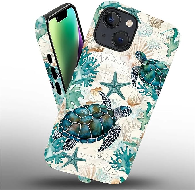 for iPhone 14 Plus Case, HH2 Ocean Sea Turtle Nautical Map Hybrid 2 Layer Hard - Image 2