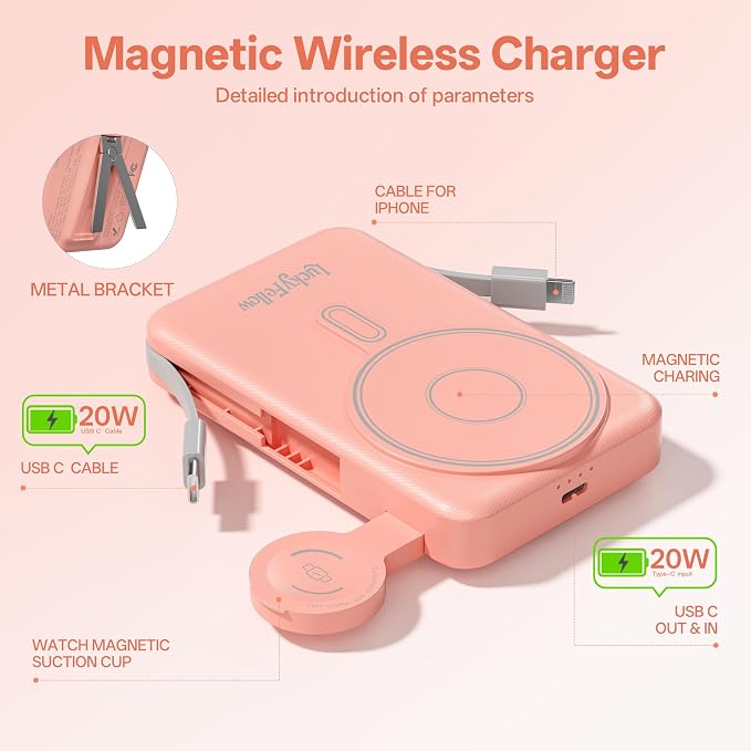 Magnetic Portable Charger Built-in Cables, 10000mAh Fast Charging Wireless - Image 6