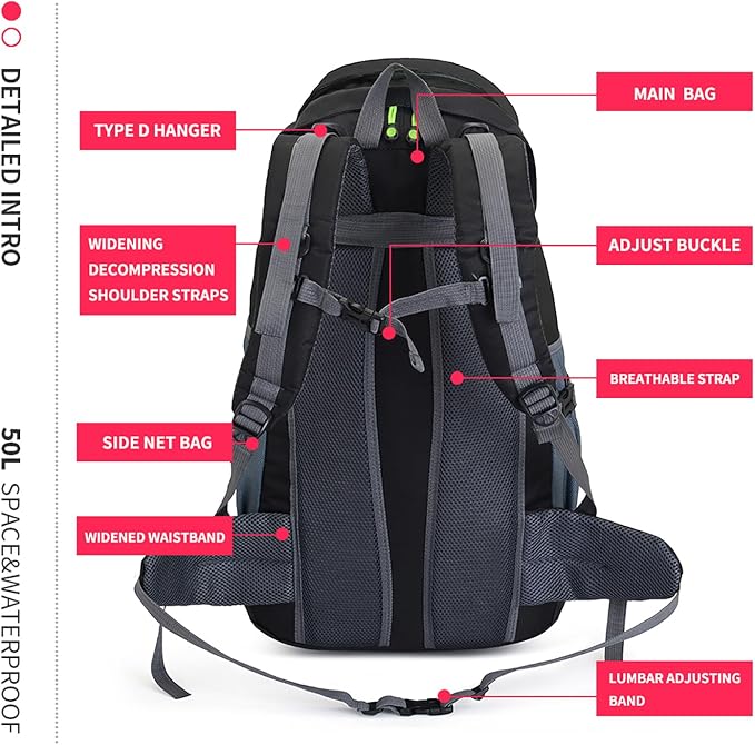 Bseash 50L Hiking Backpack, Water Resistant Lightweight Outdoor Sport Daypack - Image 7