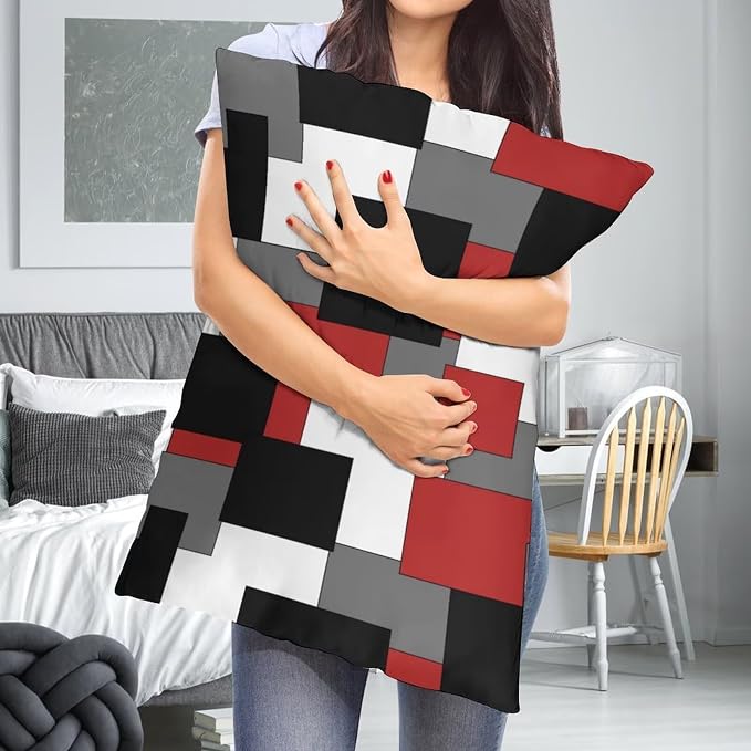 Red Black Grey White Throw Pillow Covers Set of 2 Queen Size Abstract Modern - Image 7