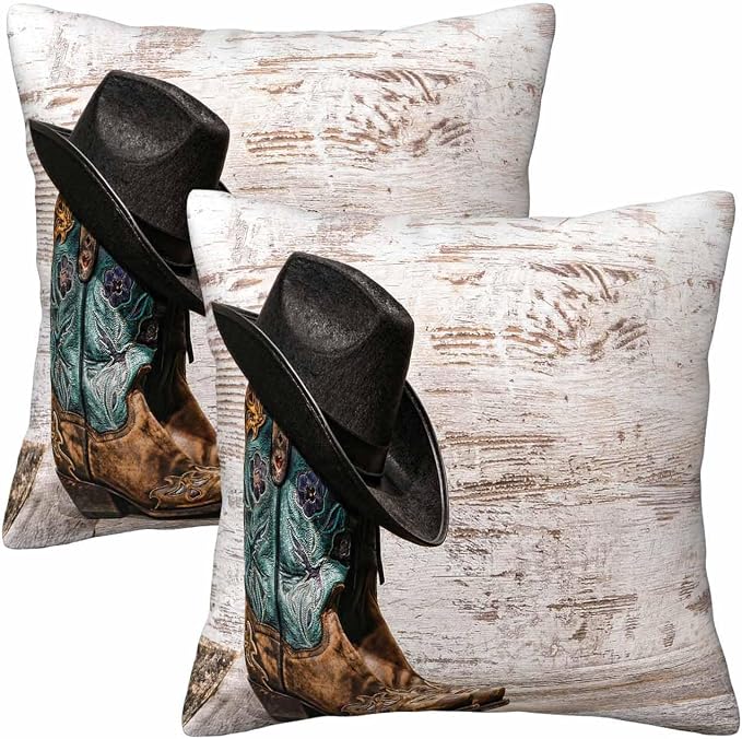 Western Cowboy Embroidered Boots Hat 18x18 Throw Pillow Covers Set of 2 by Unknown