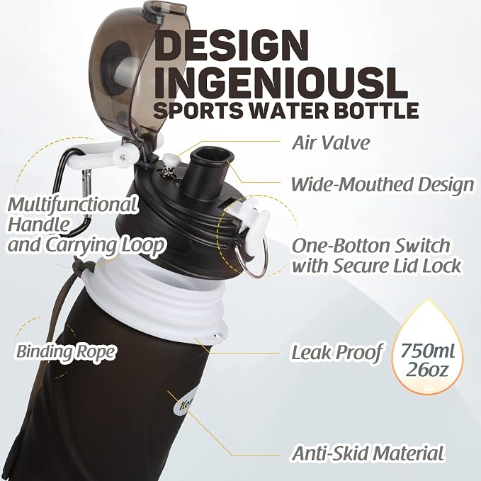 Kemier Collapsible Silicone Water Bottles-750ML, Medical Grade, BPA Free Travel - Image 4