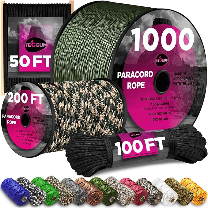 TECEUM 5/32" Paracord Rope 1000 – 1000ft / 200ft / 100ft / 50ft – Tactical by TECEUM