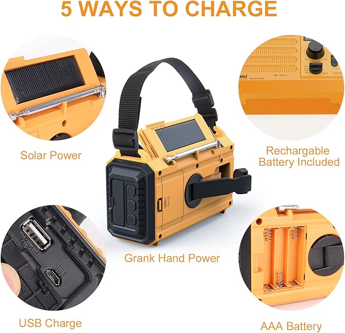Raynic Weather Radio, 5000mAh/18500mWh NOAA Weather Radio, Solar Hand Crank - Image 4