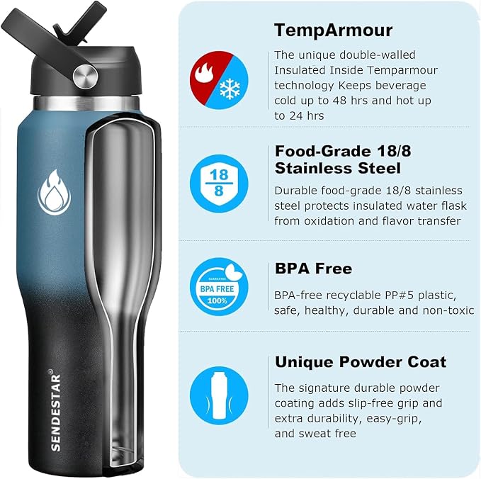 SENDESTAR 40oz Stainless Steel Water Bottle, Double Wall Vacuum Insulated Bottle - Image 2