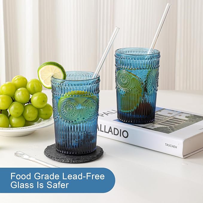 ZMOWIPDL Vintage Glassware Drinking Glasses Set of 6, 13 oz Blue Textured - Image 4