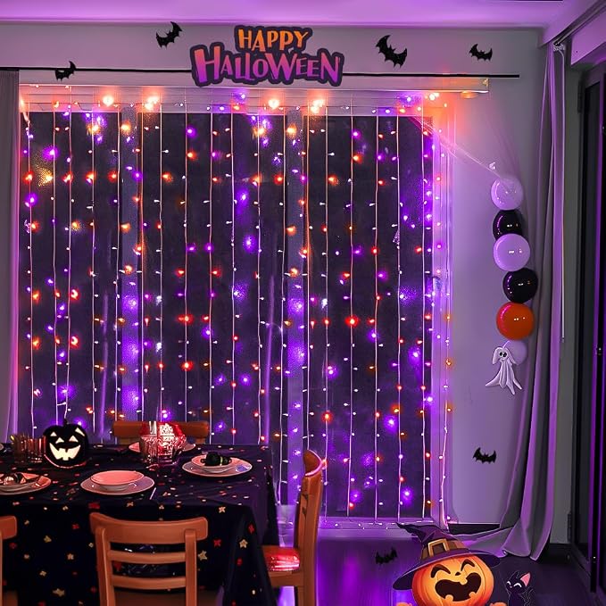 JMEXSUSS 300LED Orange and Purple Halloween Curtain Lights - Image 2